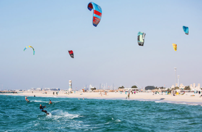 Daytime view of a kite beach in Dubai