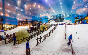 Various people having fun on a zorbing ride at a snowy ski slope. 