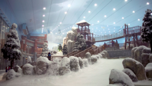 Stunning view of an indoor snow park covered in snow. 