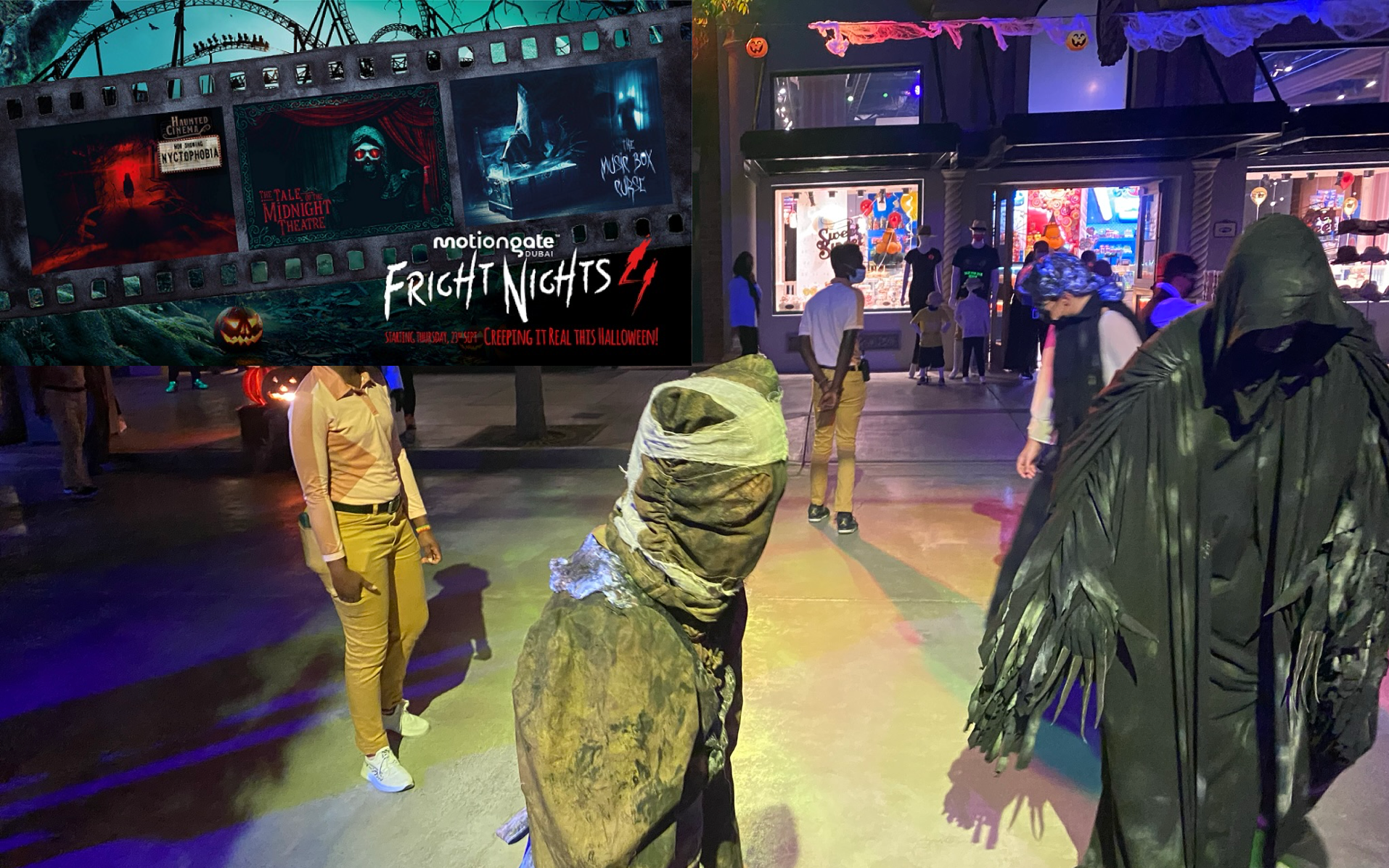 Mummies and zombies walking on the streets for Fright Nights at Motiongate